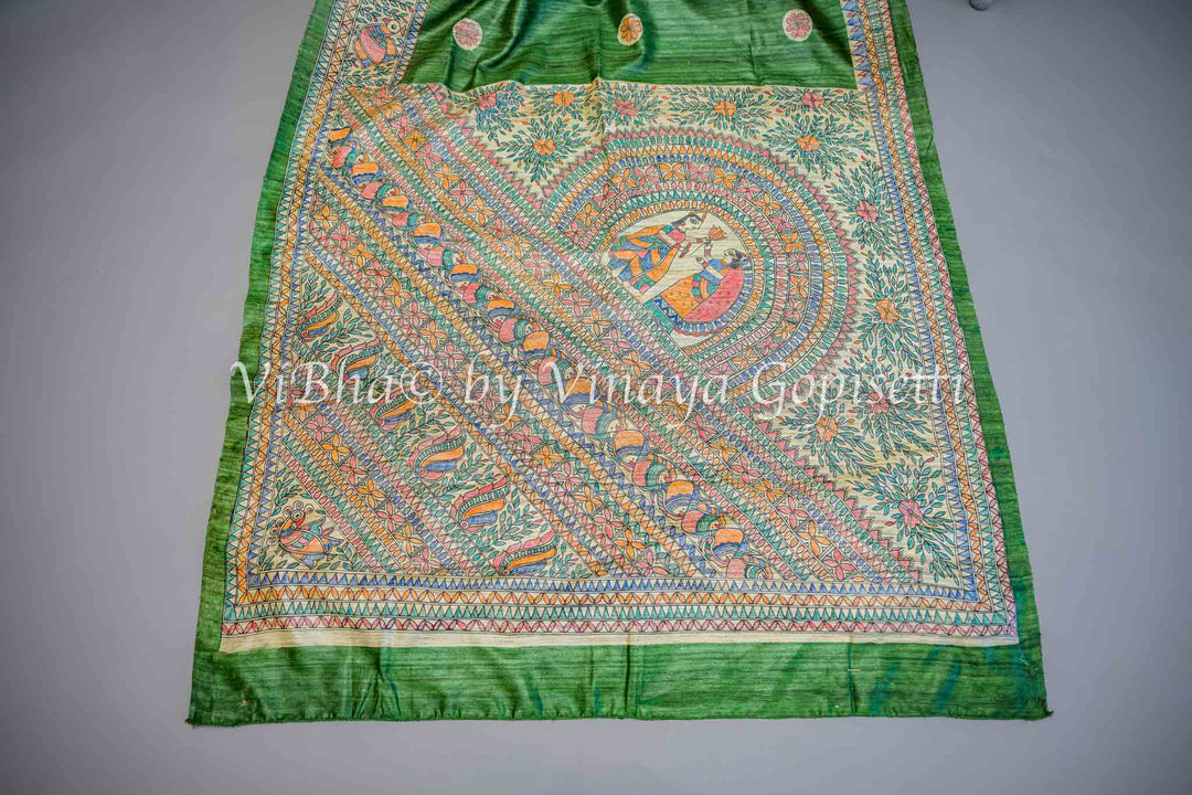 Green Madhubani Tussar Silk and Blouse