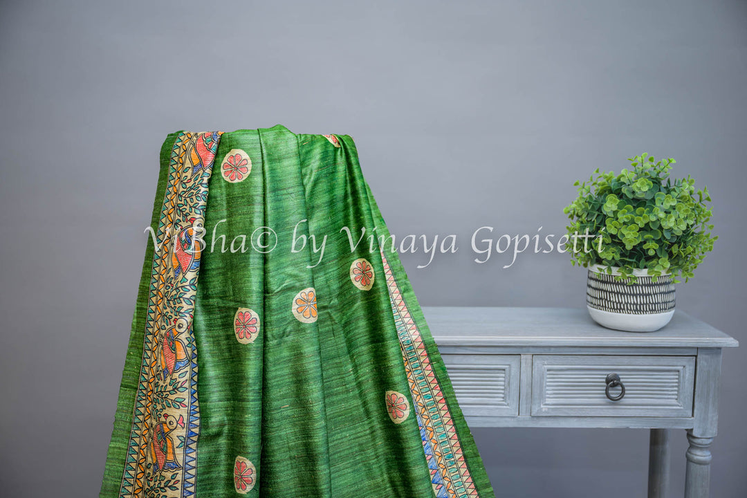 Green Madhubani Tussar Silk and Blouse