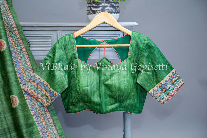 Green Madhubani Tussar Silk and Blouse