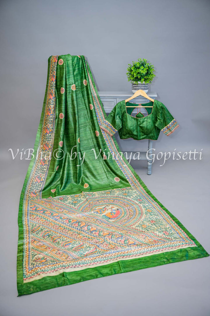 Green Madhubani Tussar Silk and Blouse