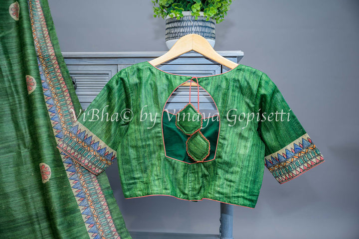 Green Madhubani Tussar Silk and Blouse