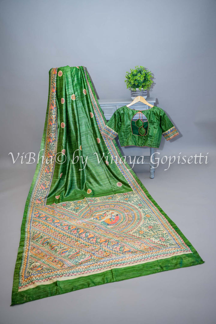 Green Madhubani Tussar Silk and Blouse