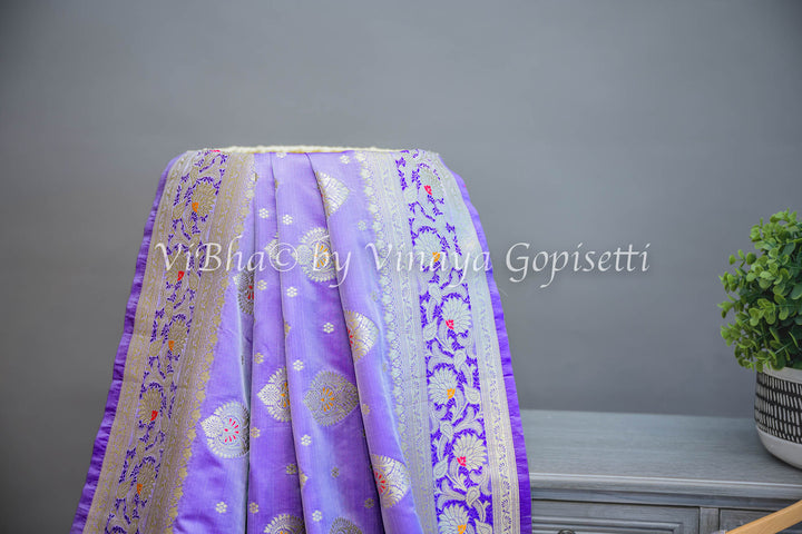 Lilac Banarasi Katan Silk Saree And Blouse