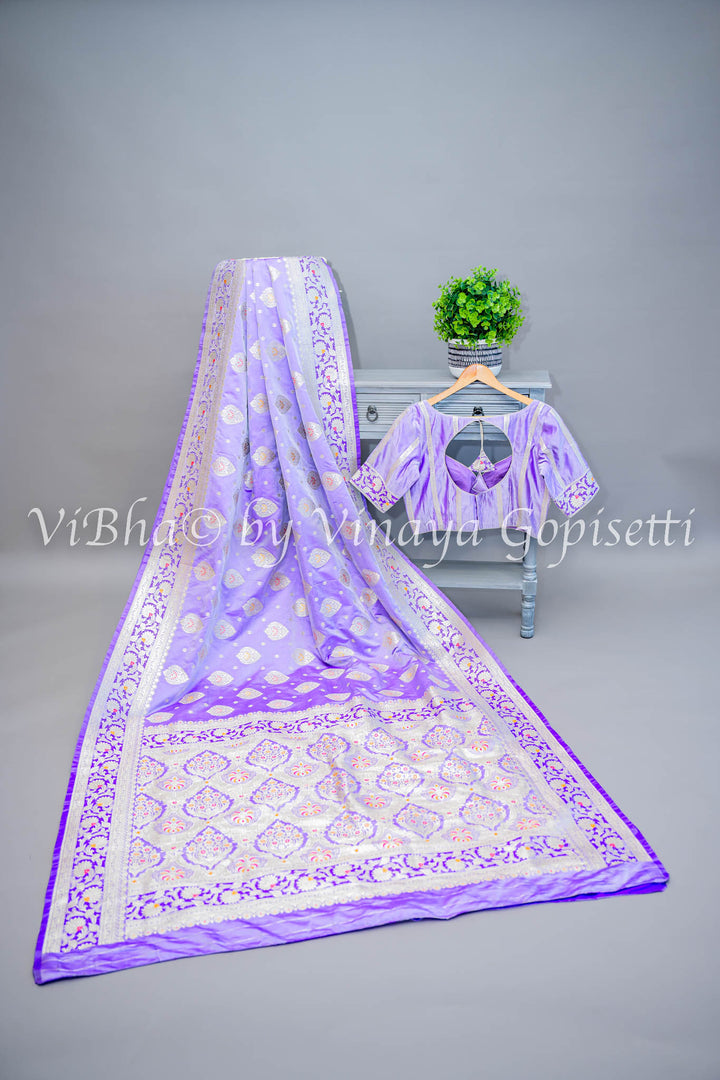 Lilac Banarasi Katan Silk Saree And Blouse