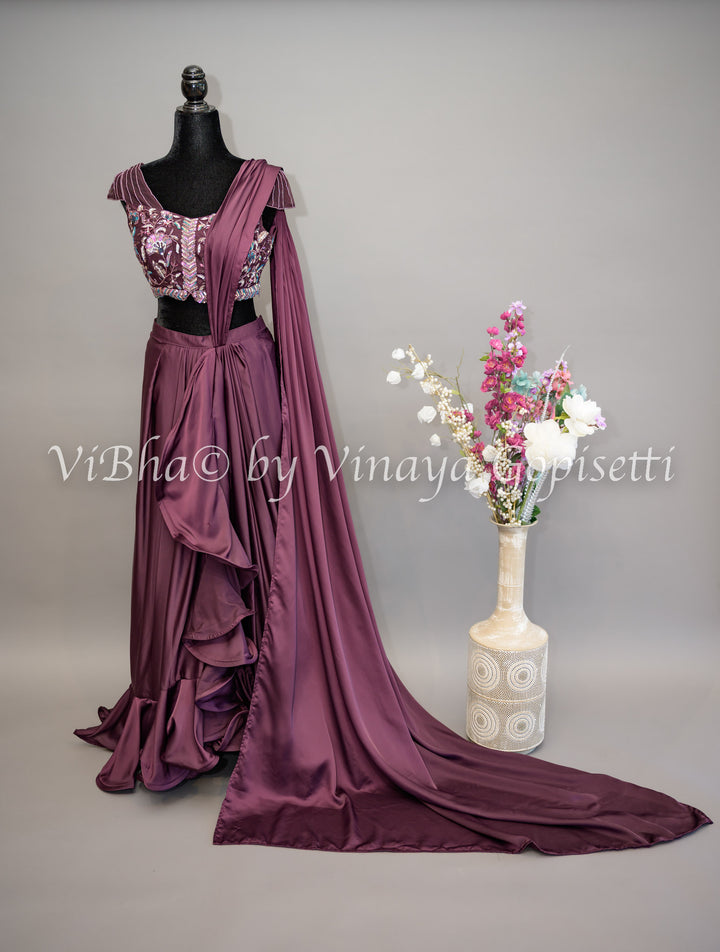 Dark Wine Ruffled Pre Plated Saree And Embroidered Blouse