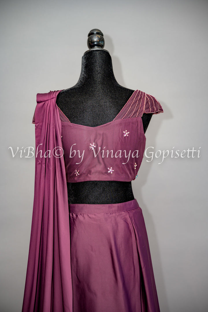 Dark Wine Ruffled Pre Plated Saree And Embroidered Blouse