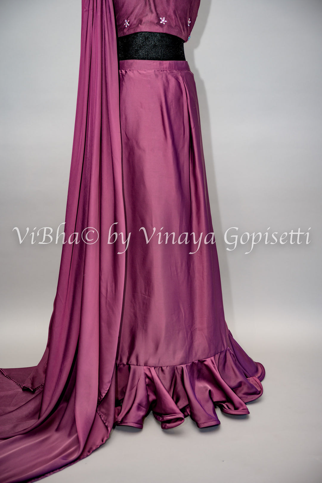 Dark Wine Ruffled Pre Plated Saree And Embroidered Blouse