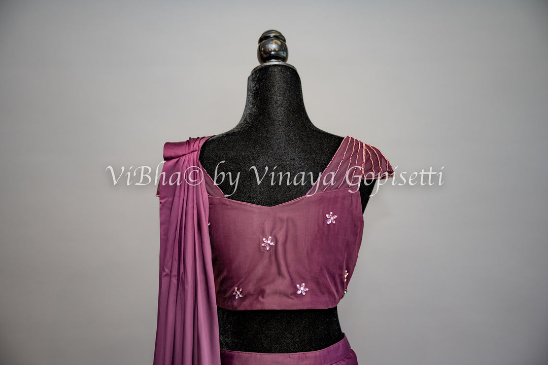 Dark Wine Ruffled Pre Plated Saree And Embroidered Blouse