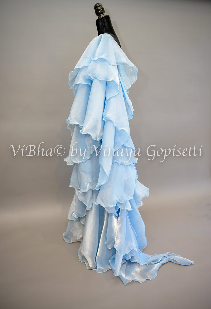 Sky Blue Ruffled Pre Pleated Saree And Embroidered Blouse