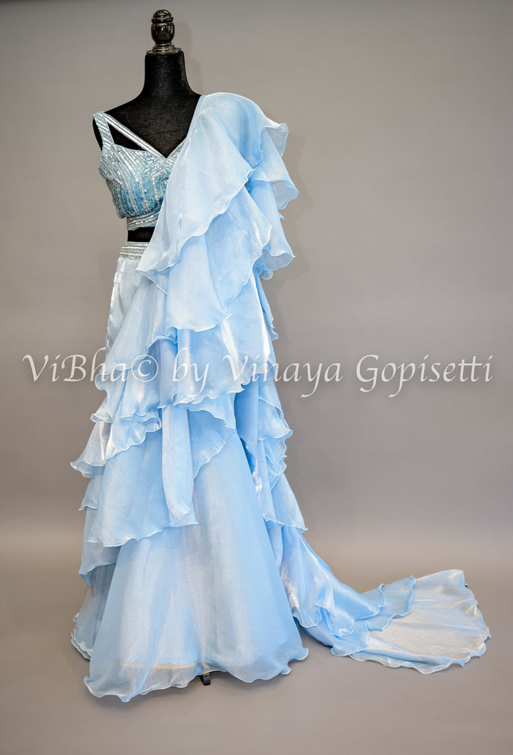 Sky Blue Ruffled Pre Pleated Saree And Embroidered Blouse