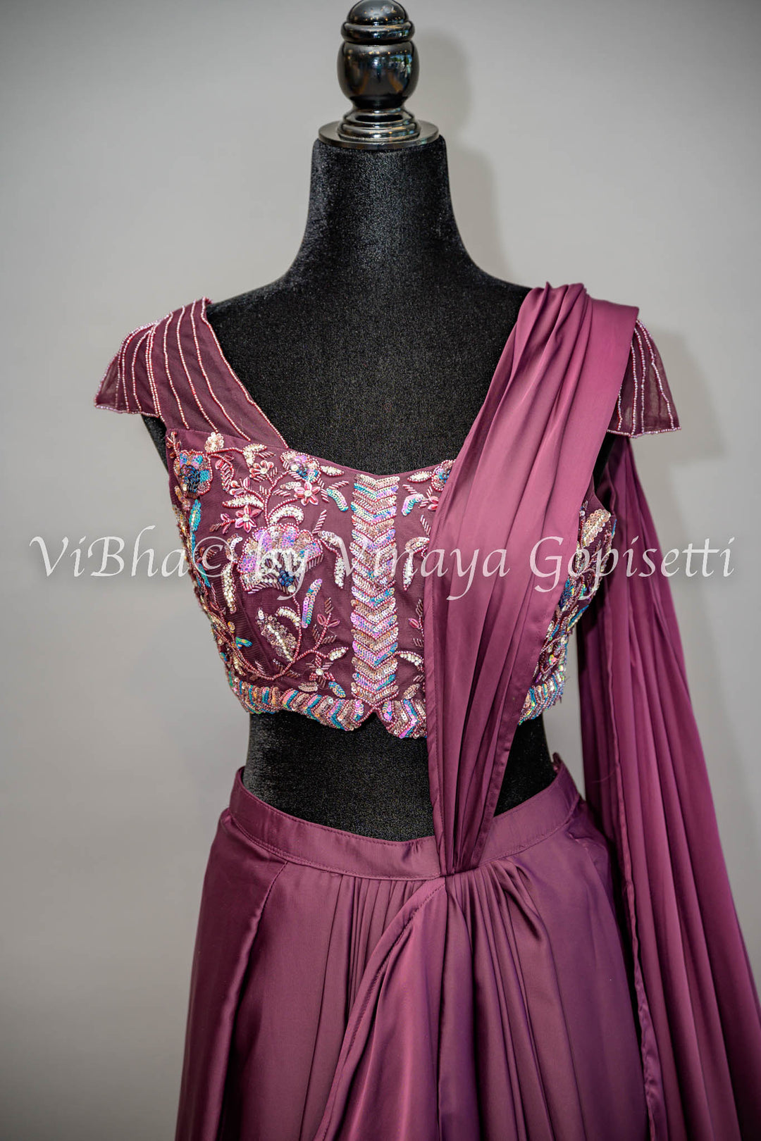 Dark Wine Ruffled Pre Plated Saree And Embroidered Blouse