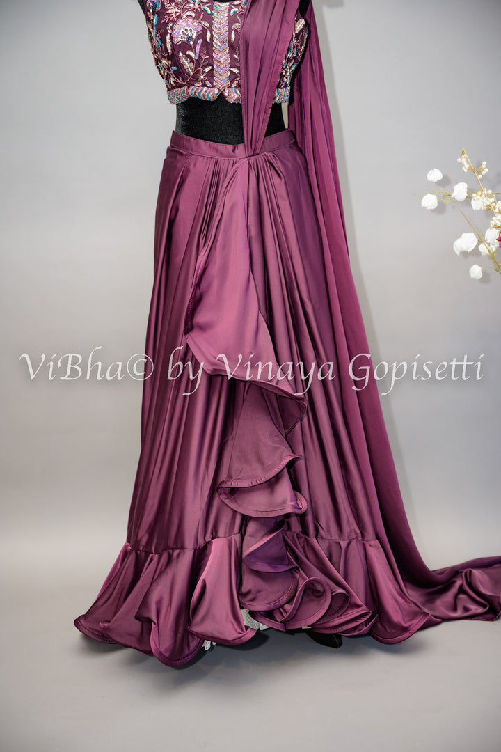 Dark Wine Ruffled Pre Plated Saree And Embroidered Blouse