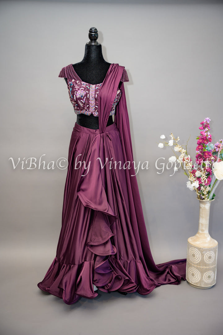 Dark Wine Ruffled Pre Plated Saree And Embroidered Blouse