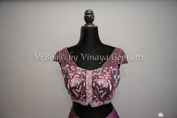 Dark Wine Ruffled Pre Plated Saree And Embroidered Blouse