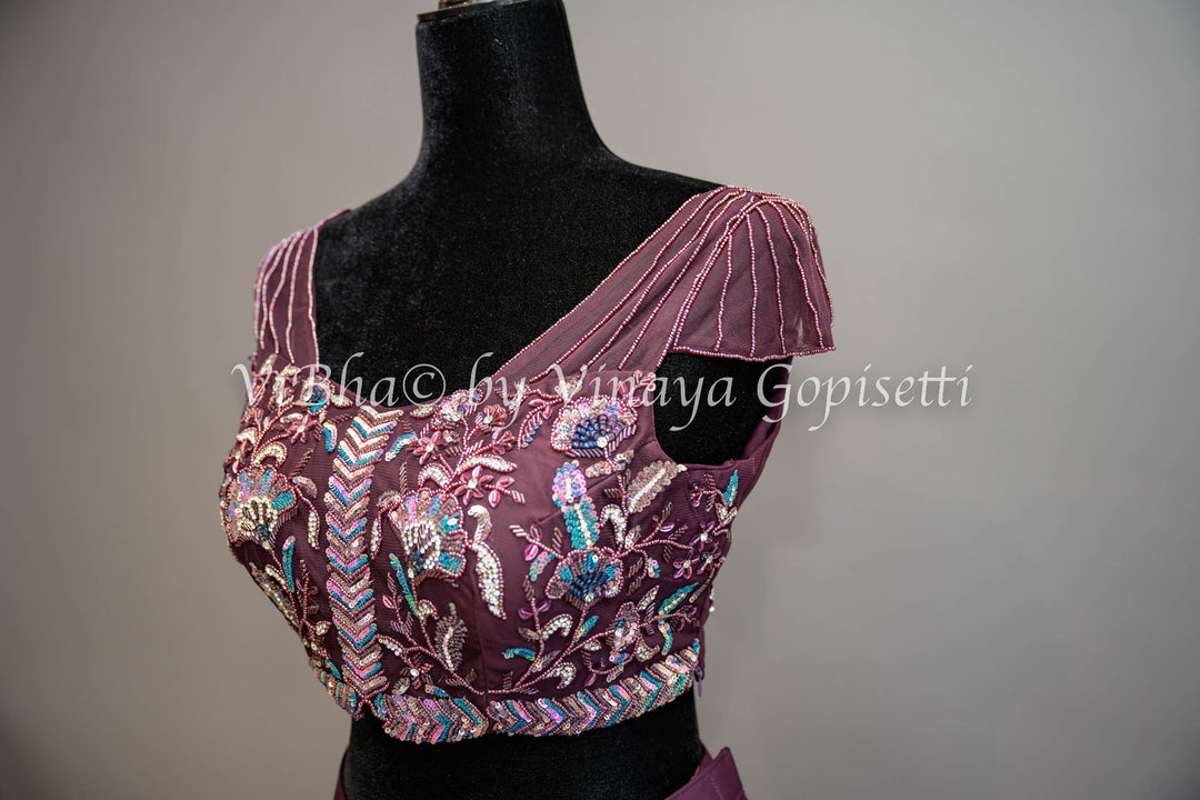 Dark Wine Ruffled Pre Plated Saree And Embroidered Blouse