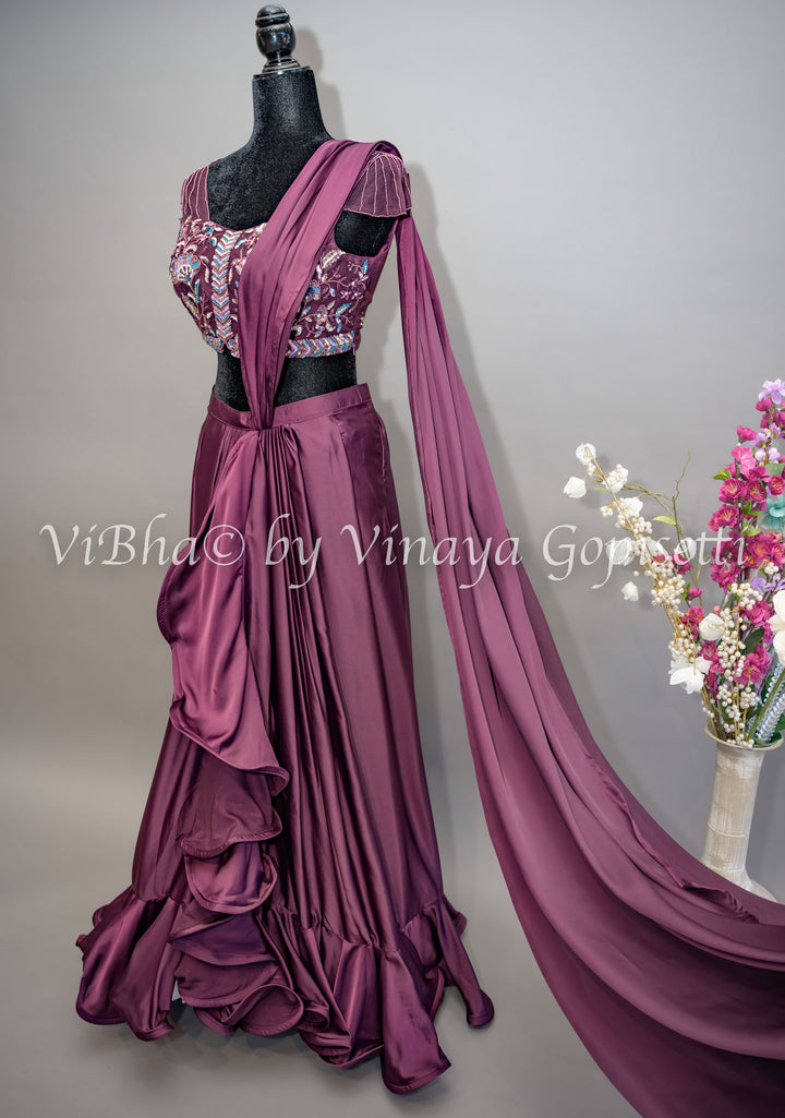 Dark Wine Ruffled Pre Plated Saree And Embroidered Blouse