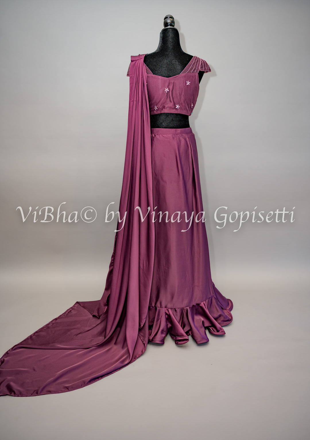 Dark Wine Ruffled Pre Plated Saree And Embroidered Blouse