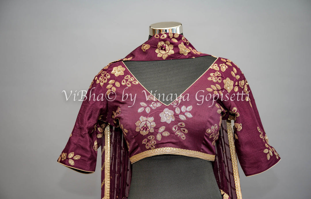 Wine Embroidered Lehenga with Choker Dupatta