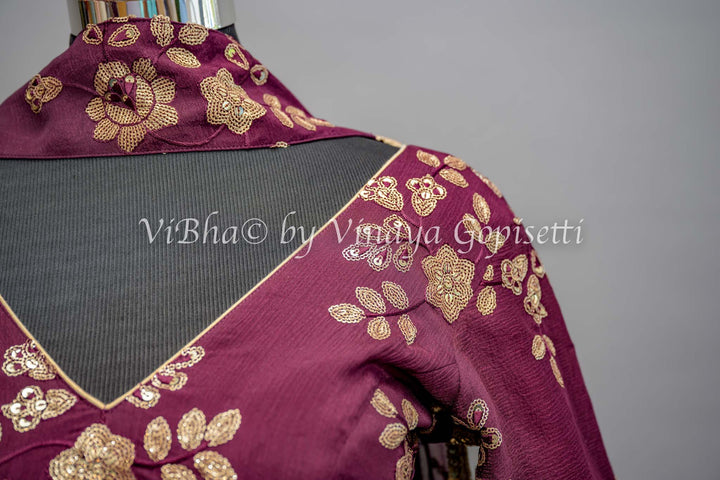 Wine Embroidered Lehenga with Choker Dupatta