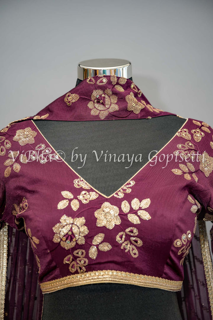 Wine Embroidered Lehenga with Choker Dupatta