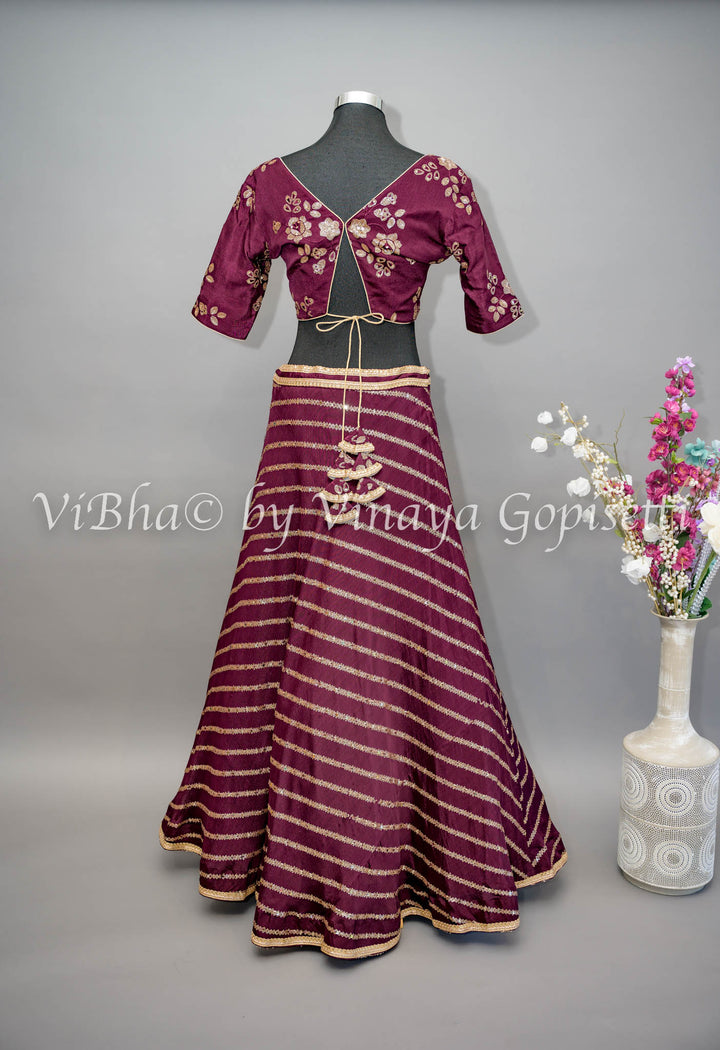 Wine Embroidered Lehenga with Choker Dupatta