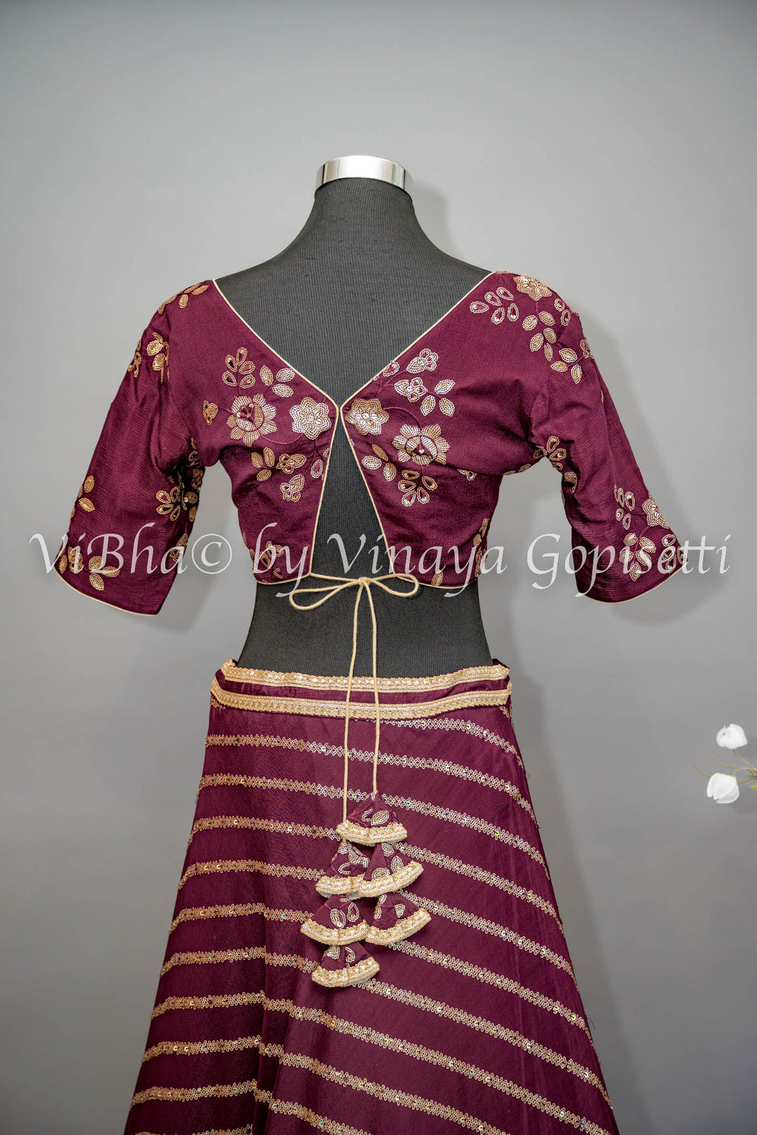 Wine Embroidered Lehenga with Choker Dupatta