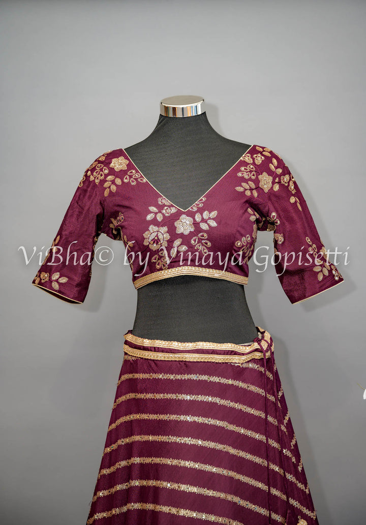 Wine Embroidered Lehenga with Choker Dupatta