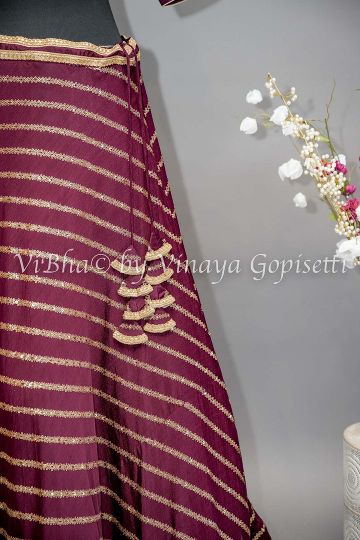 Wine Embroidered Lehenga with Choker Dupatta