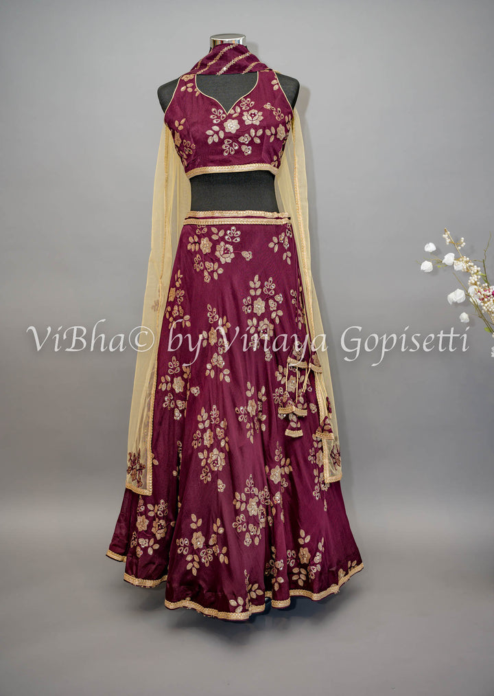 Wine Embroidered Lehenga with Choker Dupatta and Sweetheart Neckline