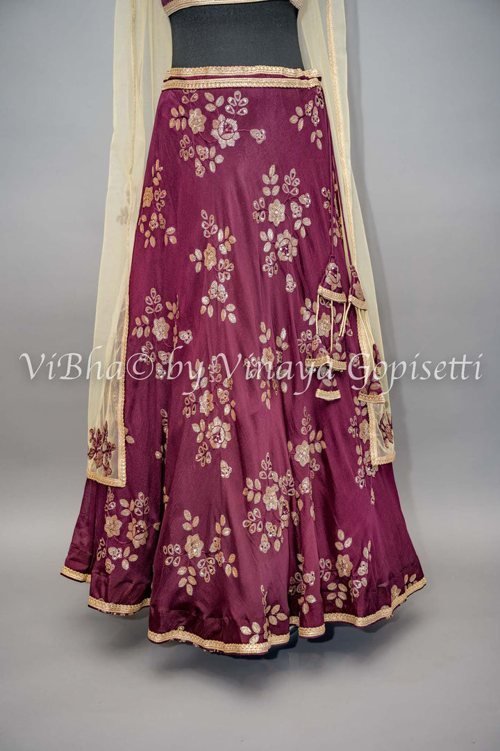 Wine Embroidered Lehenga with Choker Dupatta and Sweetheart Neckline