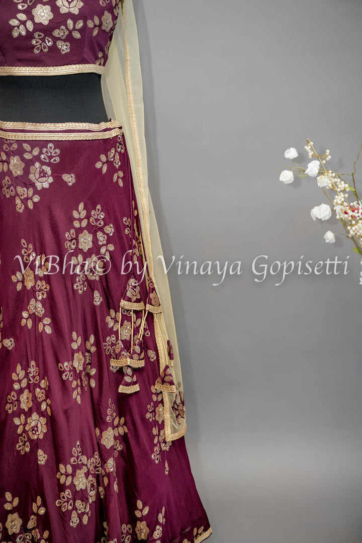 Wine Embroidered Lehenga with Choker Dupatta and Sweetheart Neckline