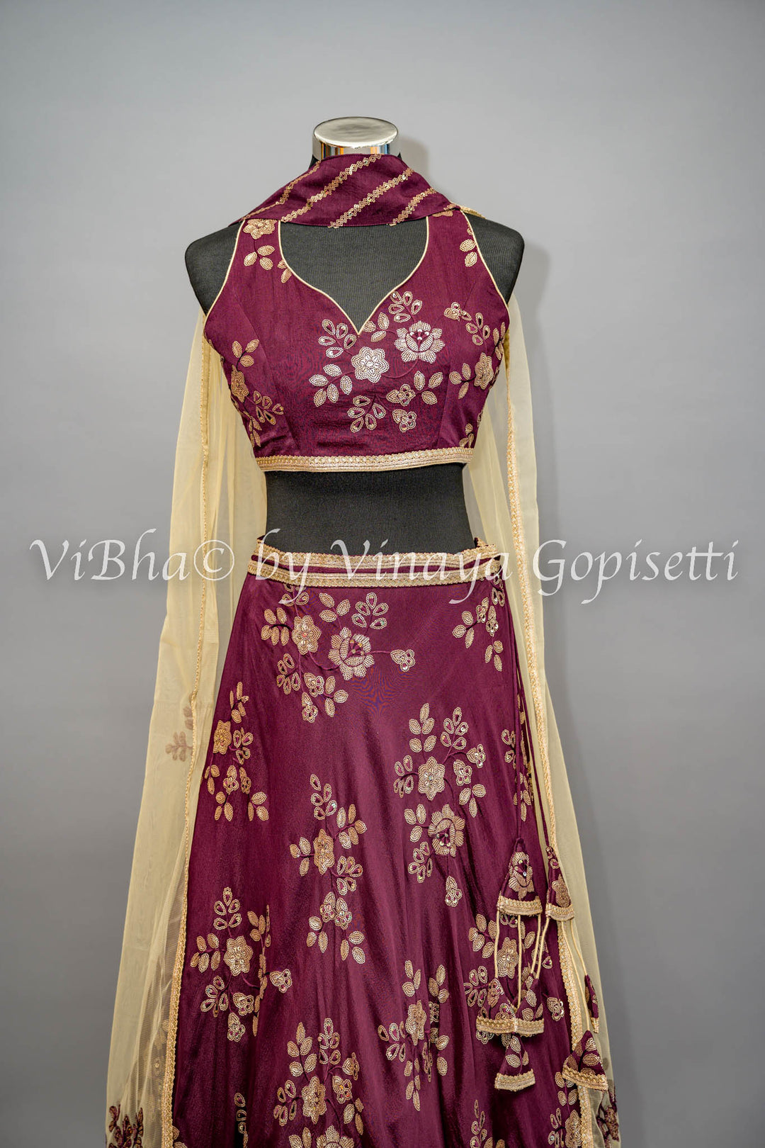 Wine Embroidered Lehenga with Choker Dupatta and Sweetheart Neckline