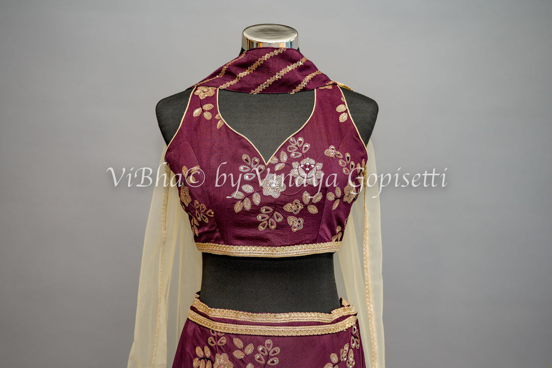 Wine Embroidered Lehenga with Choker Dupatta and Sweetheart Neckline