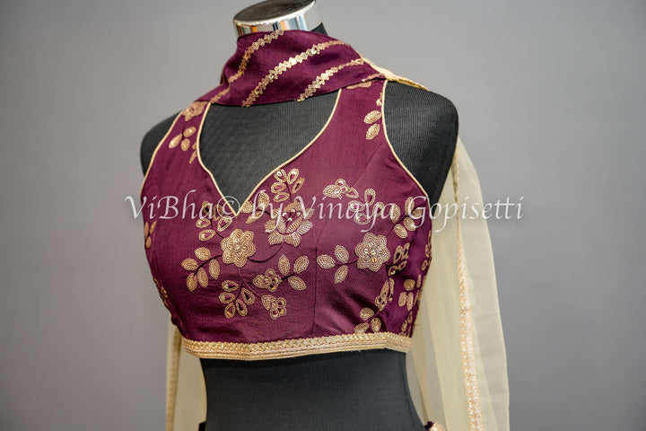 Wine Embroidered Lehenga with Choker Dupatta and Sweetheart Neckline