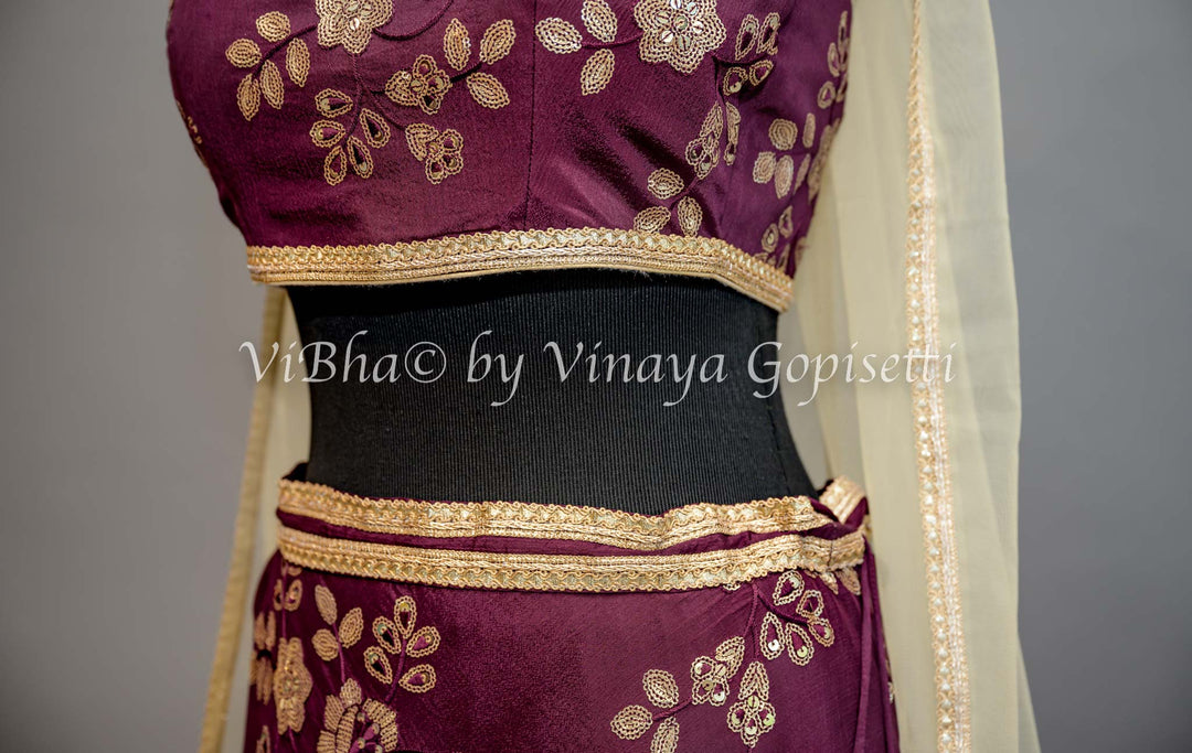 Wine Embroidered Lehenga with Choker Dupatta and Sweetheart Neckline