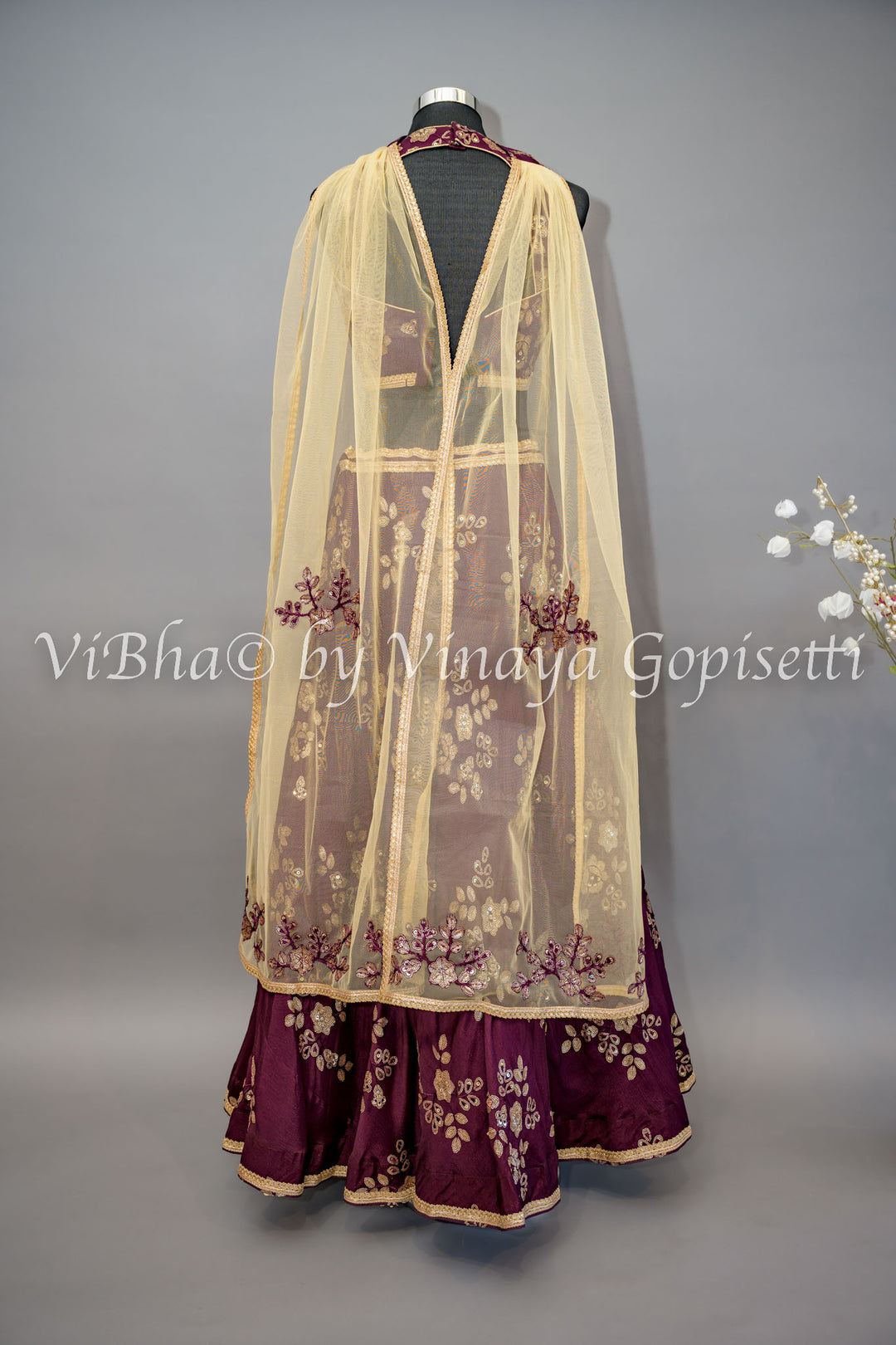 Wine Embroidered Lehenga with Choker Dupatta and Sweetheart Neckline