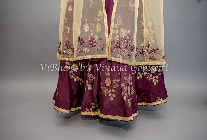 Wine Embroidered Lehenga with Choker Dupatta and Sweetheart Neckline