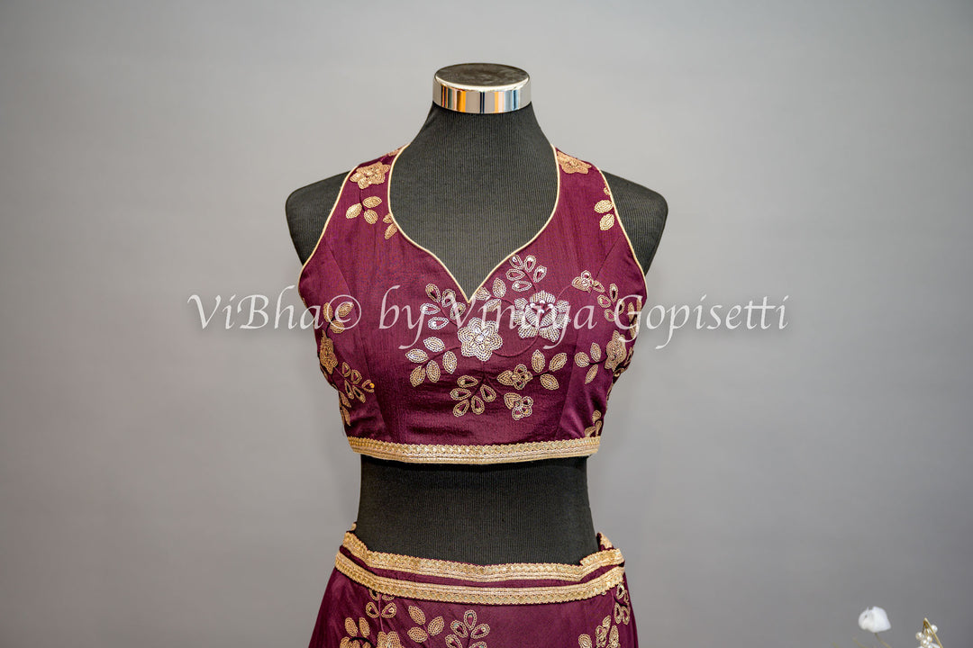 Wine Embroidered Lehenga with Choker Dupatta and Sweetheart Neckline