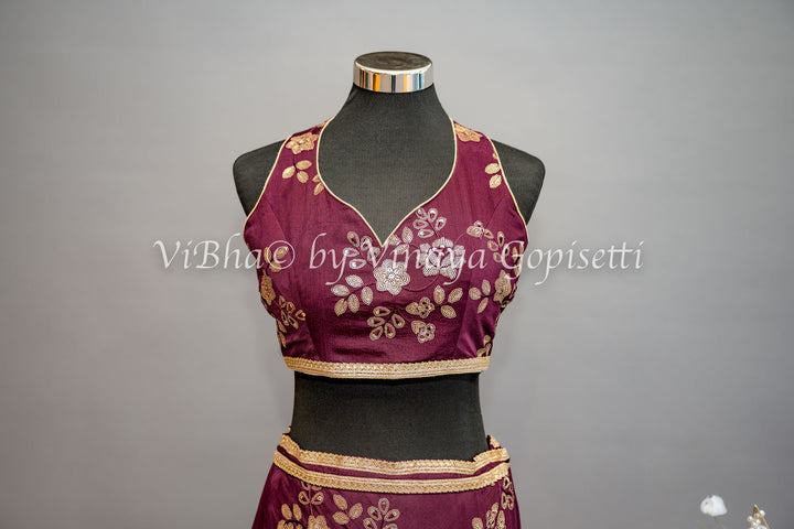 Wine Embroidered Lehenga with Choker Dupatta and Sweetheart Neckline