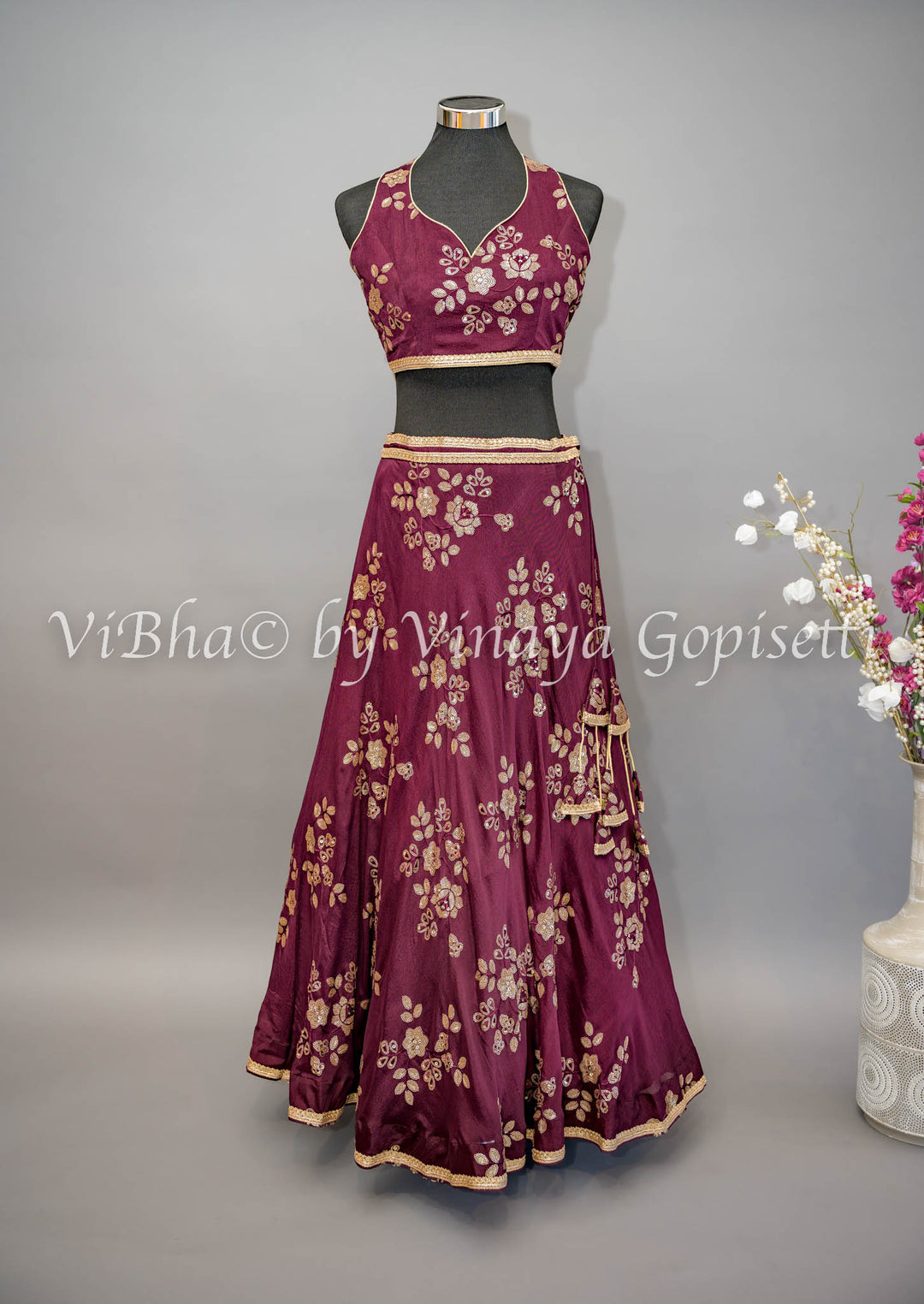 Wine Embroidered Lehenga with Choker Dupatta and Sweetheart Neckline