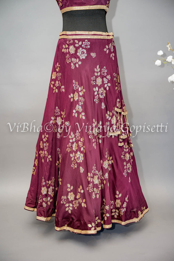 Wine Embroidered Lehenga with Choker Dupatta and Sweetheart Neckline