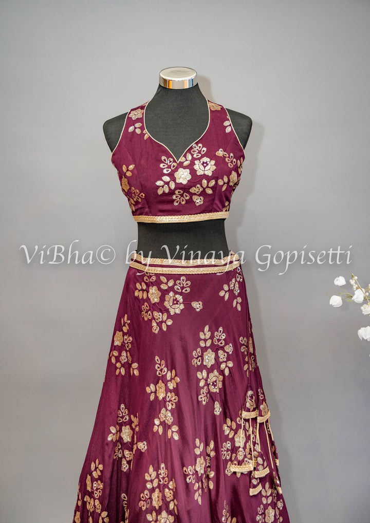 Wine Embroidered Lehenga with Choker Dupatta and Sweetheart Neckline