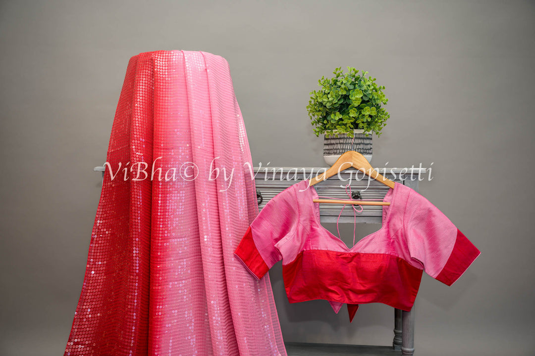 Pink And Red Sequins shaded Saree with Blouse