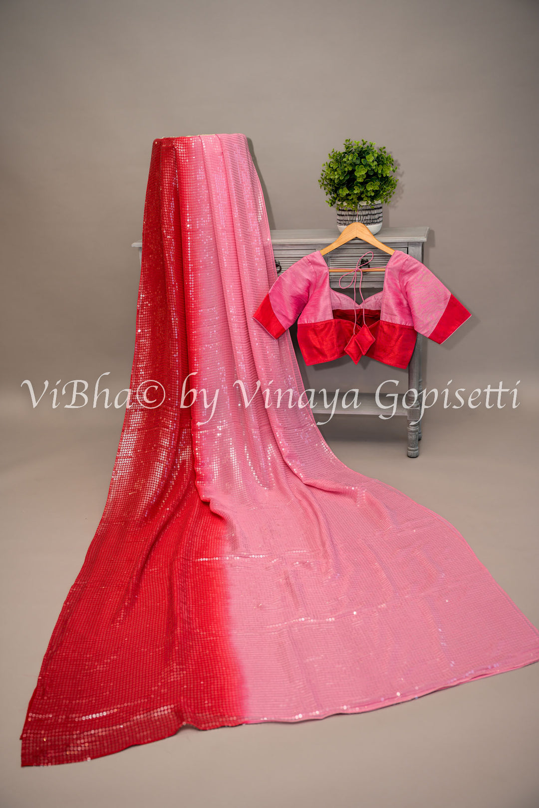 Pink And Red Sequins shaded Saree with Blouse