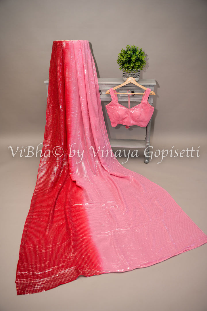 Pink And Red Sequins shaded Saree with Blouse