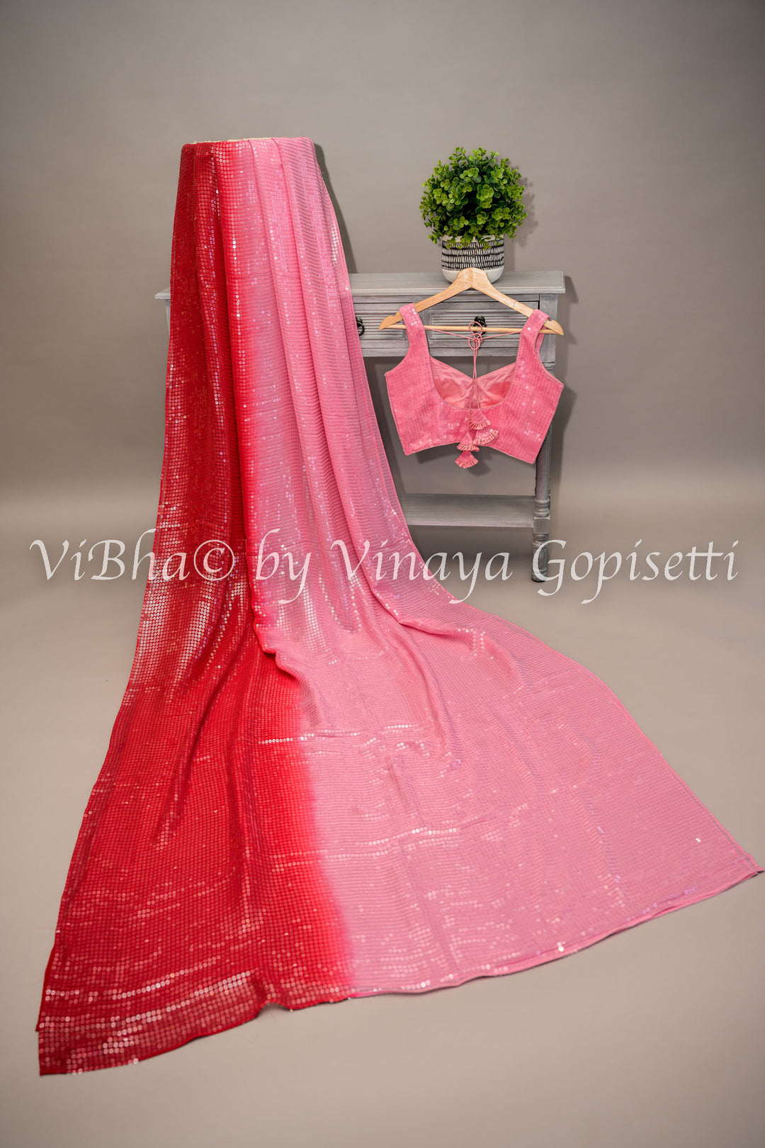 Pink And Red Sequins shaded Saree with Blouse