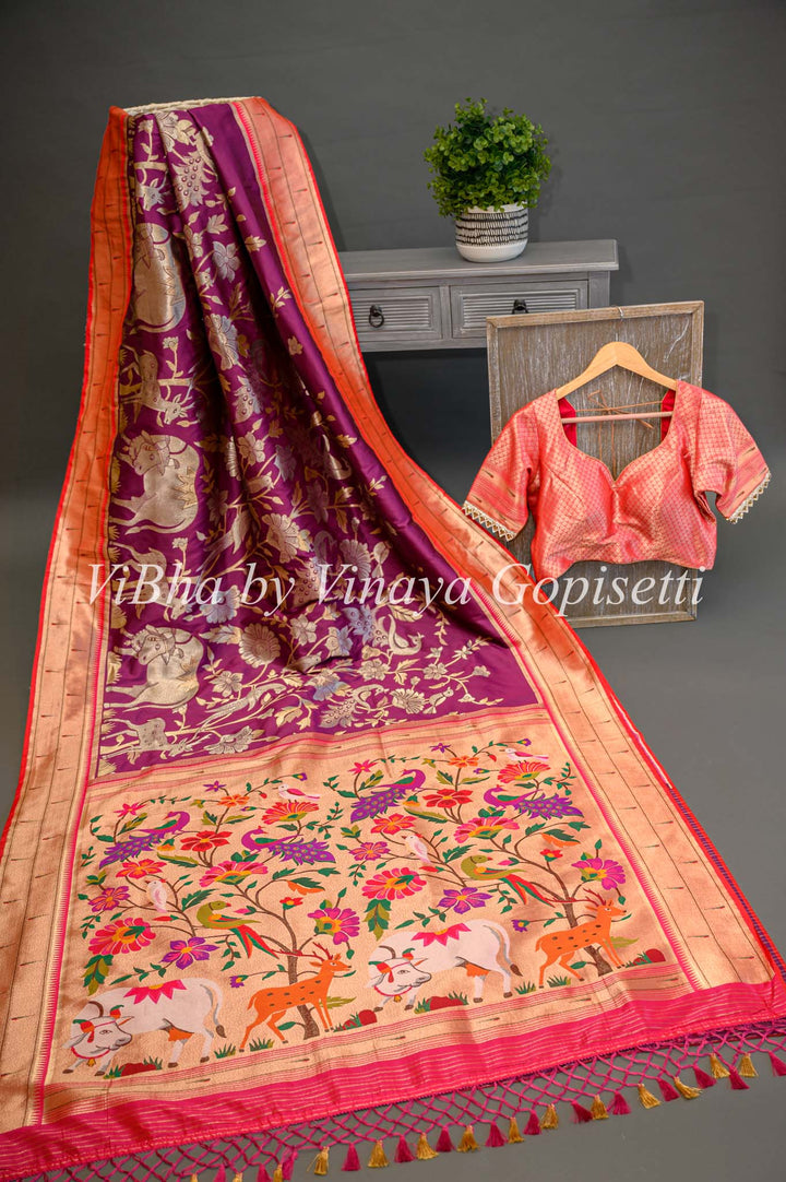 Purple Banarasi Paithani Silk saree with Pichwai Work