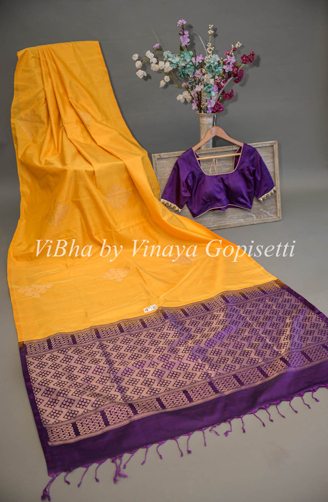 Saffron Yellow Designer Printed Silk Saree with Contrast Blouse & Pall –  Ethnos