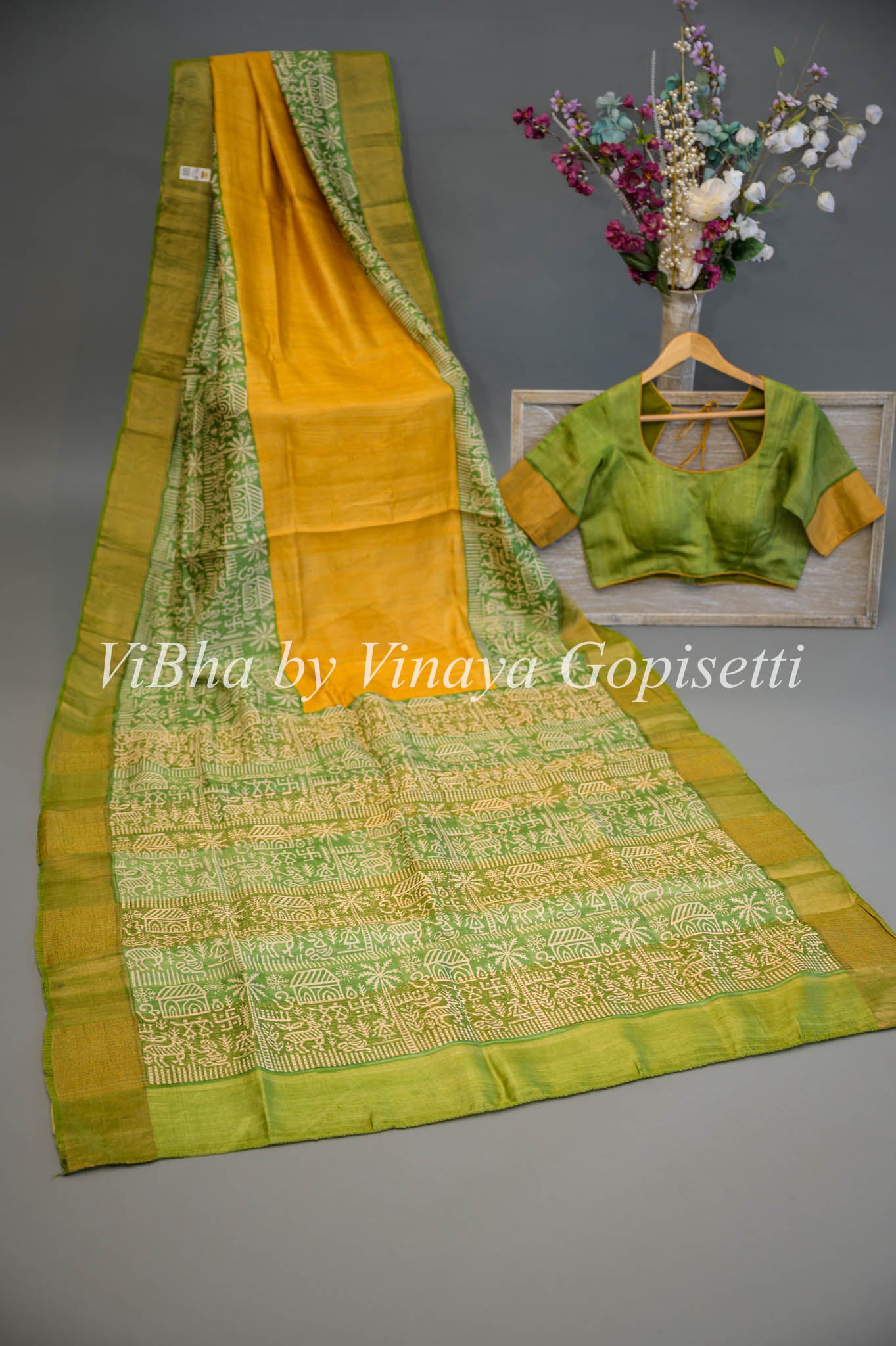 Satrani Mustard & Green Printed Saree With Unstitched Blouse