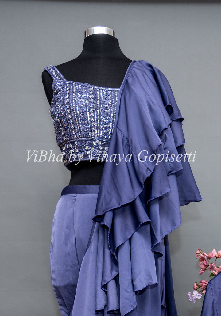 Ultra Violet Pre Plated Saree with Ruffles And Embroidered Blouse